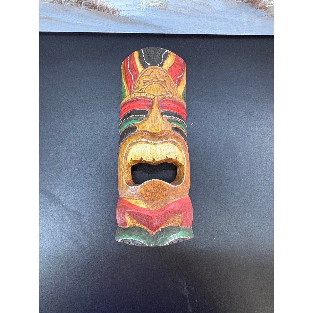 Hand Carved Wooden Tiki Mask Wall Hanging Tropical Decor Painted 12 Inch